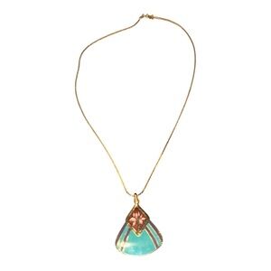 Laurel Burch Lotus Cloisonné Enamel Pendant Necklace Gold Tone J42